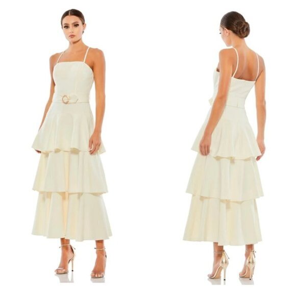 MAC DUGGAL Spaghetti Straps Tiered Tea-Length Dress in White Ivory Size US 12 - Picture 1 of 10